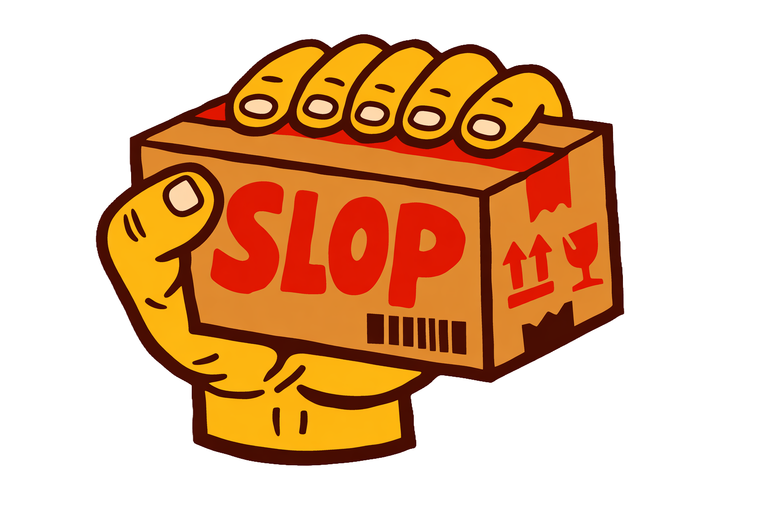 A hand holding a box labeled SLOP